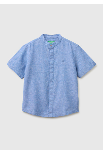 United Colors of Benetton Boys' blue logo embroidered short-sleeve mandarin c...