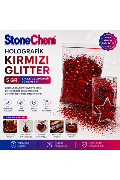 stonechem Holografik Kırmızı Glitter 5 gr Epoksi ve Dekoratif Süsleme Simi