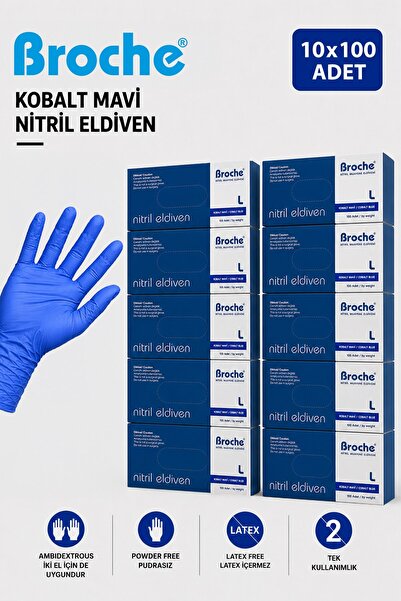 Broche PUDRASIZ KOBALT MAVİ NİTRİL ELDİVEN L BEDEN 10'LU PAKET