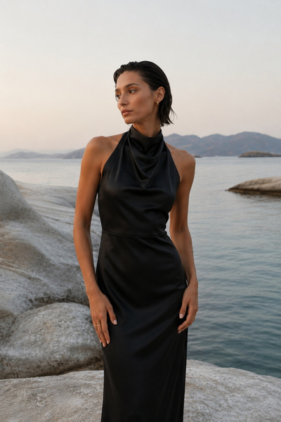 Black Fashion Degaje Yaka Maxi Siyah Saten Elbise