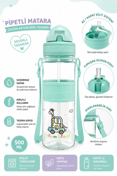 GÜZELYÜZ AVM Pipetli Şeffaf Matara 500ml | Su Yeşili Renk Suluk Kapaklı Su Şi...
