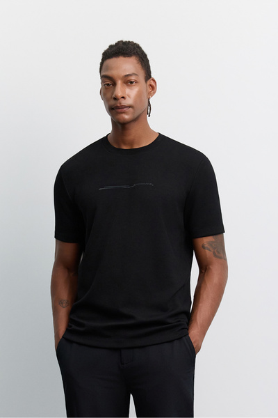 Avva Men's Black Crew Neck Shiny Rubber Printed Interlock Regular Fit T-Shirt...
