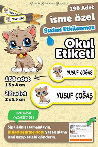MSticker Okul Etiketi Kalem Defter isimli Etiket Isim Yazılabilen Kedi Temalı...