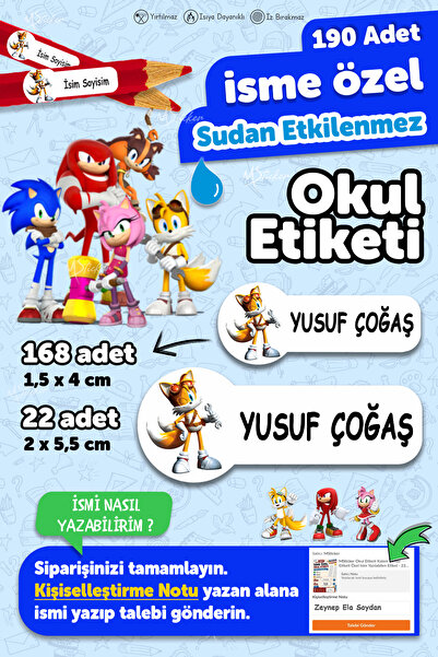 MSticker Okul Etiketi Kalem Defter Etiketi Sonic Temalı Isim Yazılabilen Etik...