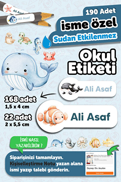 MSticker 190 Adet Kişiye Özel Okul Etiketi İsimli Kalem Defter Suluk Etiket S...