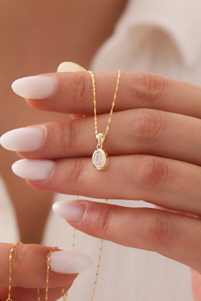 Cemre Gold 14 Ayar Altın Minimal Oval tek Taş Kolye