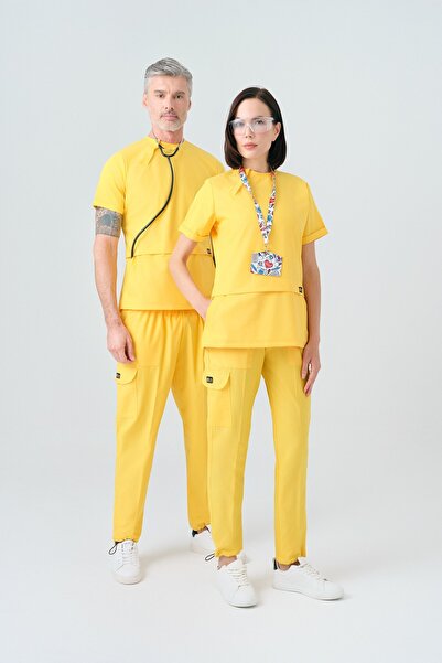 ÇİZGİ MEDİKAL Yellow Zero Best Lycra Scrubs Suit Two-Way Stretch Fabric Docto...