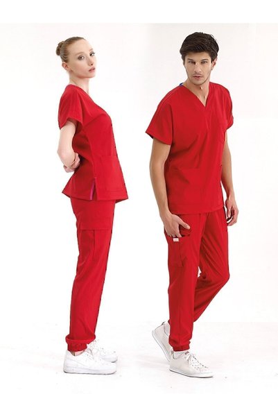 ÇİZGİ MEDİKAL Red Jogger Leg Luxury Lycra Uniform Sets High Quality Lycra Scrubs