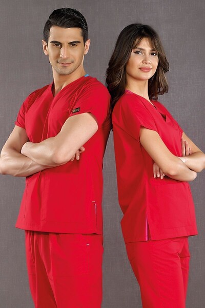 ÇİZGİ MEDİKAL Red Dr. Greys Doctor Nurse Medical Scrubs Suit Terry Cotton Fabric