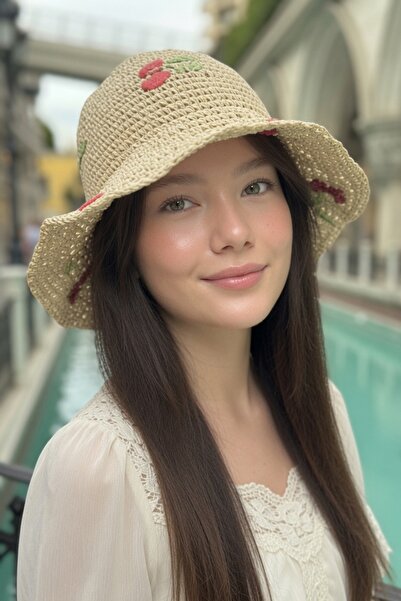 Mollycrush Women's Beige Straw Rope Cherry D Patterned Bucket Hat |   Summer ...