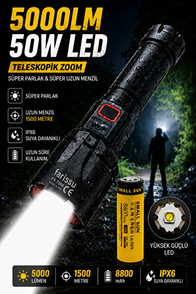farissu FY-T288 50W 5000 Lümen Ultra Parlak Şarjlı El Feneri | 1.5 Km Menzill...