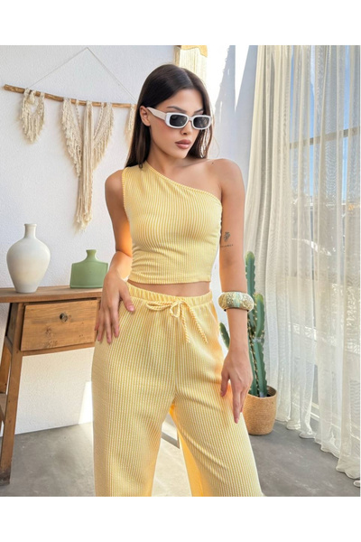 deqfashion Kadın Sarı Çizgili Tek Omuzlu Crop Pantolon Alt Üst Takım