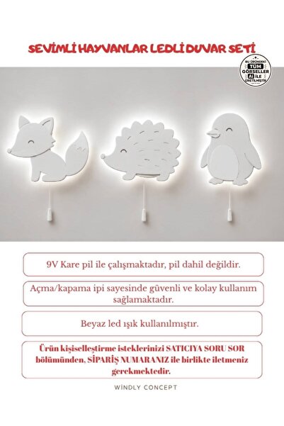 Windly Concept LED Işıklı Hayvan Figürlü Duvar Lambası Seti Tilki Kirpi Pengu...
