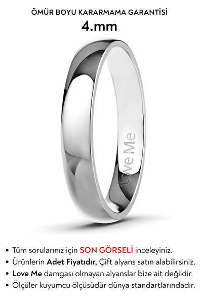Love Me 4mm Asla Kararmaz Parlak Beyaz Renk Unisex Bombeli Çelik Alyans Yüzük...
