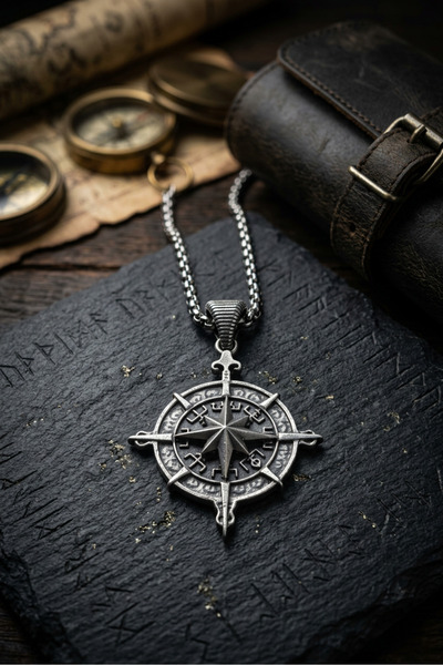 Begondio Viking Pusula El İşçiliği Paslanmaz Çelik Zincir Erkek Kolye