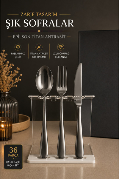 Narin Epsilon-Titan Anthracite-36 Piece Fork Spoon Knife Set