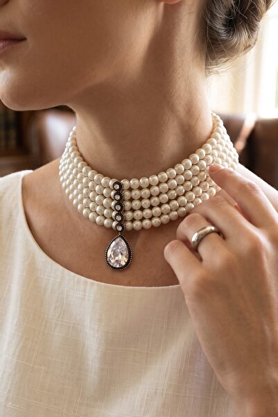 FAYRA ACCESSORIES Zirkon Taşlı Su Damlası Sallantılı Choker Tasma İnci Kolye