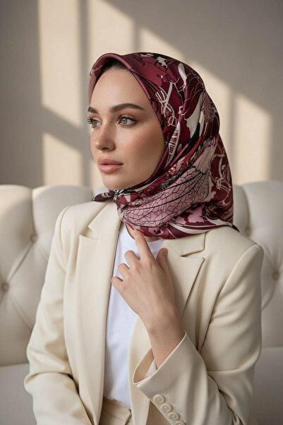 Vissona %100 Twill İpek Yaprak Desenli Bordo - Siyah Renkli 90x90 Eşarp Dikim...