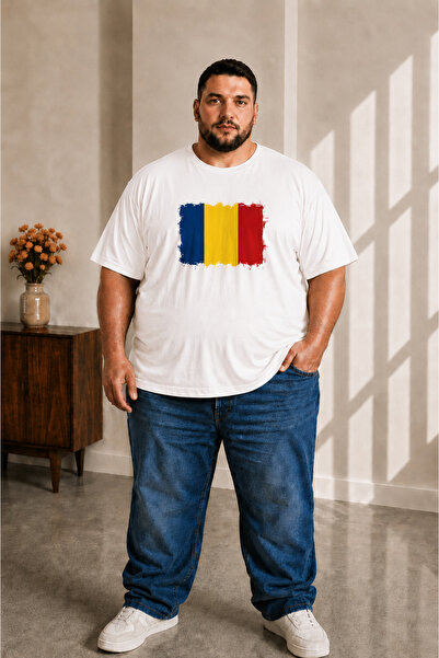 sngl tekstil Men's Large Size Short Sleeve Romania Flag Printed T-Shirt 3XL 4...