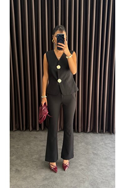 ZF BUTİK Women's Gold Buttoned Vest Pants Suit