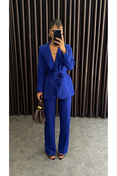 ZF BUTİK Blue Belted Jacket and Trousers Set Modest Workwear