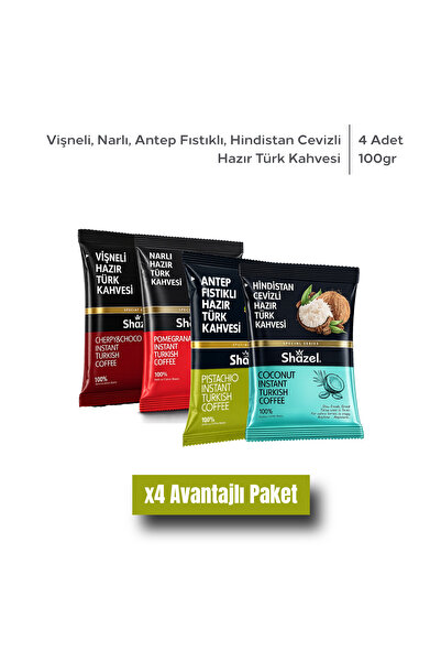 Shazel Hazır Türk Kahve Seti Portakallı Vişneli Çilekli Narlı 4 x 100 g 4 lü Set