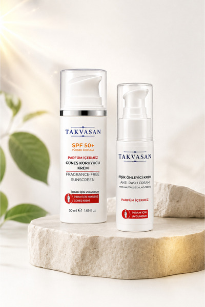 Takvasan İhram Uyumlu İkili Bakım Seti SPF 50+ Güneş Koruyucu Krem ve Pişik Ö...