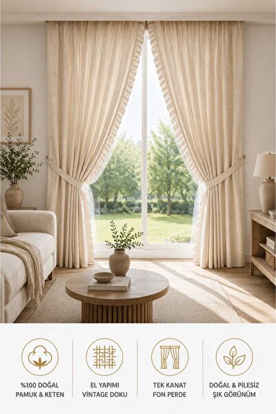 HOME ART ATELIER hand made BOYUNA FIRFIRLI Doğal Vintage Pamuk Keten Perde (E...