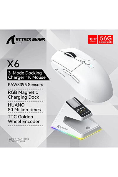Choice White Attack Shark X6 Wireless Ergonomic Gaming Mouse Adjustable DPI W...