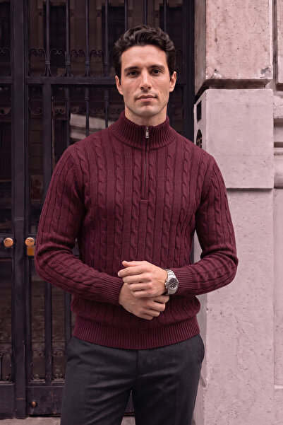 Valiberta Bardem Hair Braided Half Zipper Men's Knitwear Sweater - Claret Red