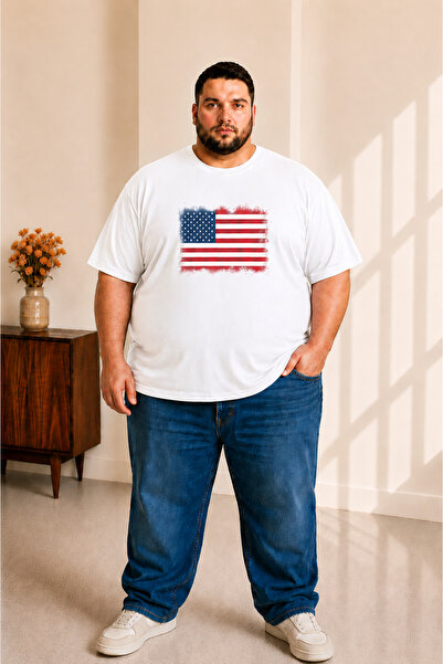 sngl tekstil Men's Large Size Short Sleeve America Flag Printed T-Shirt 3XL 4...