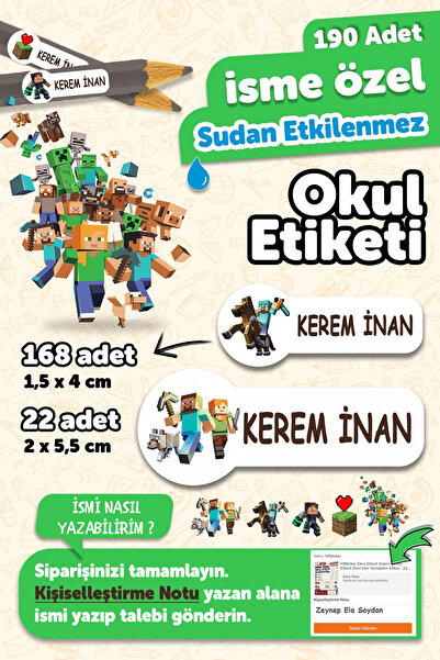 MSticker Okul Etiketi Kalem Defter isimli Etiket Isim Yazılabilen Minecr - 19...