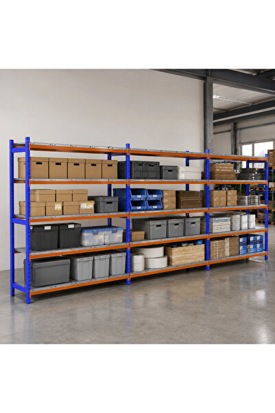 RafBurada 5 Katlı 3'lü Depo Rafı - 300-350 Kg Taşıma Kapasiteli Hafif Rack Ra...