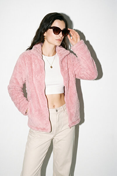 Purpleclo Kadın Oversize Fermuarlı Teddy Peluş Hırka