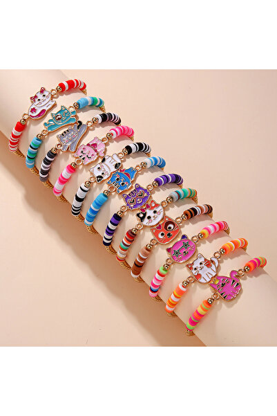 Choice B 12Pcs/set Unicorn Cat Flower Charm Elastic Handmade Beaded Bracelets...