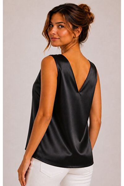 SELDAĞ MODA Silky Satin Front and Back V-Neck Zero Sleeve Blouse