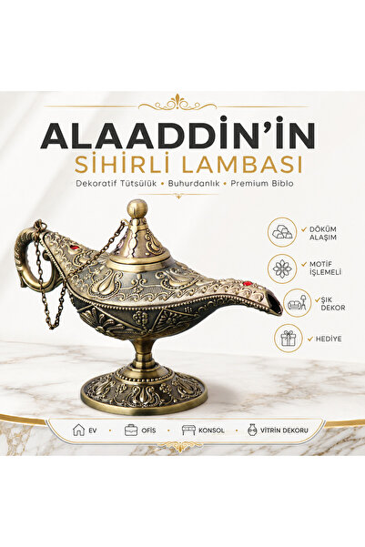 Lüks Alaaddin Sihirli Lamba Tütsülük Buhurdanlık Dekoratif Biblo Zamak Ev Ofis Hediyesi 15 Cm