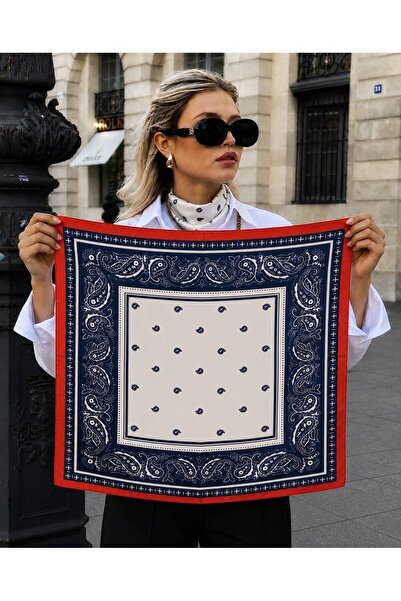 Axesoire 13749 Kırmızı Kenarlıklı Lacivert Saten Bandana Fular 50x50 cm