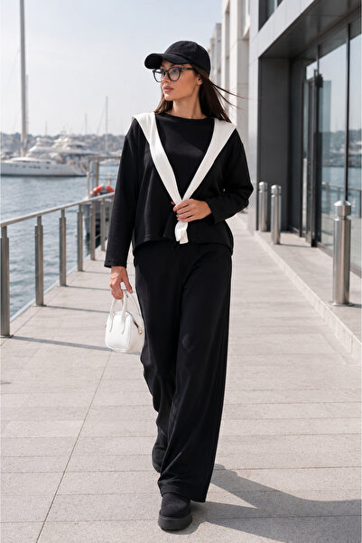 ŞİMAL Women's Shawl Look Detailed Sweat Pants Modal Set 265193 -
