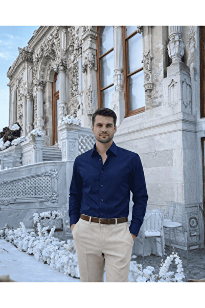 Beystil Slim Fit Lacivert Saten Gömlek