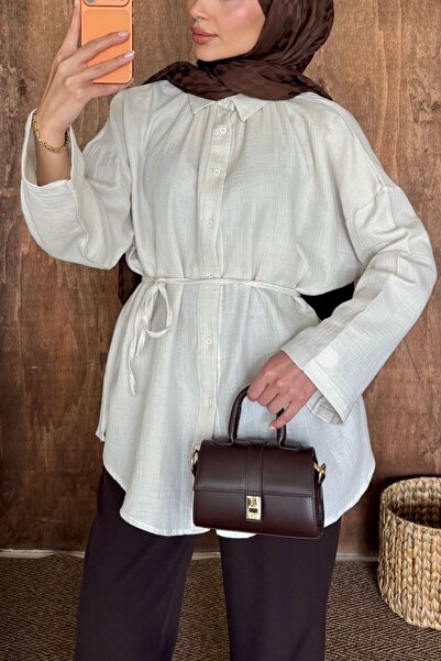 HYWONA Women's 100% Cotton Muslin Oversize Hijab Shirt Tunic Cream