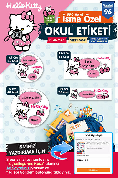 t tuğset etiket Okul Etiketi Hello Kitty Kalem Defter Etiketi Özel İsim Yazıl...