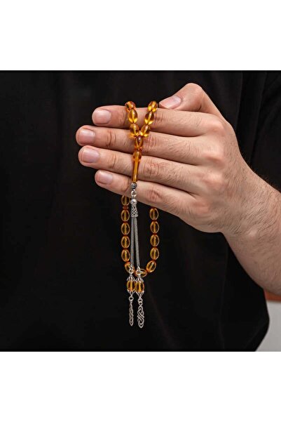 Inure Jewelry Ασημένια φούντα που σφίγγει κεχριμπαρένιο ροζάριο