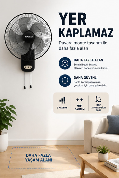 MAVLET 16 İnç Duvar Tipi Vantilatör Siyah 3 Kademeli Salınımlı Sessiz Fan