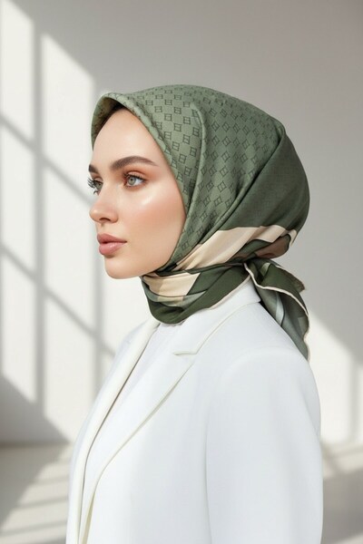 Vissona 100% twill silk gradient patterned khaki - beige colored 90x90 scarf ...