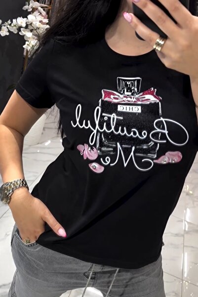 RICH GLAM Perfume Printed Crystal Stone Large Size Short Sleeve Stylish Comfo...