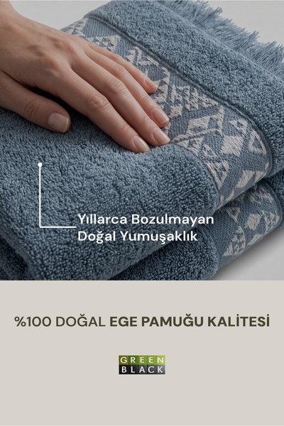 Green Black Hereke Heritage Series 3-Piece Towel Set Dark Blue with Cream Border, 100% Aegean Cotton, Jacquard Weave