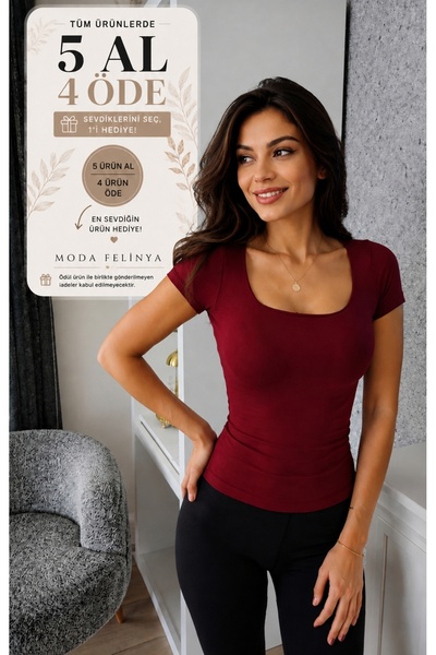 moda felinya KADIN KISA KOLLU KARE YAKA BORDO RENK BUZZY MODAL KUMAŞ BODY T-S...