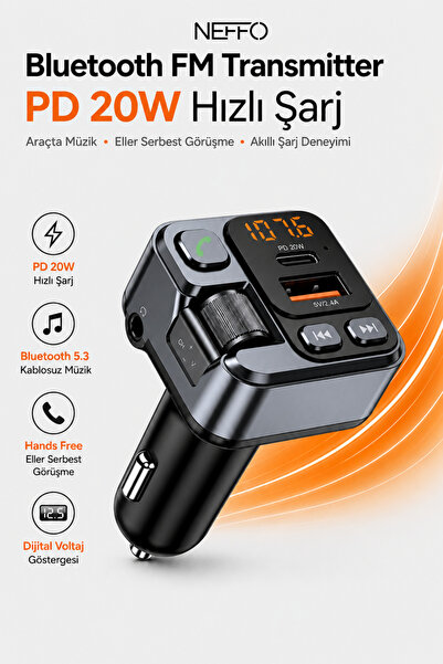 NEFFO Bluetooth 5.3 FM Transmitter Araç Çakmaklık Şarj Cihazı PD 20W Type-C U...