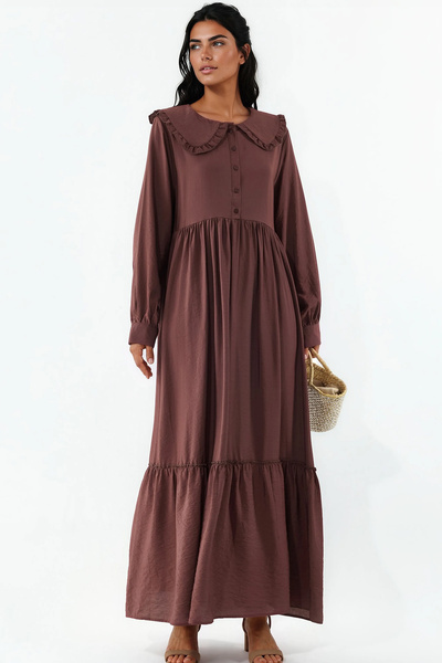 Merterium Women's Baby Collar Long Hijab Dress 1552 - Brown
